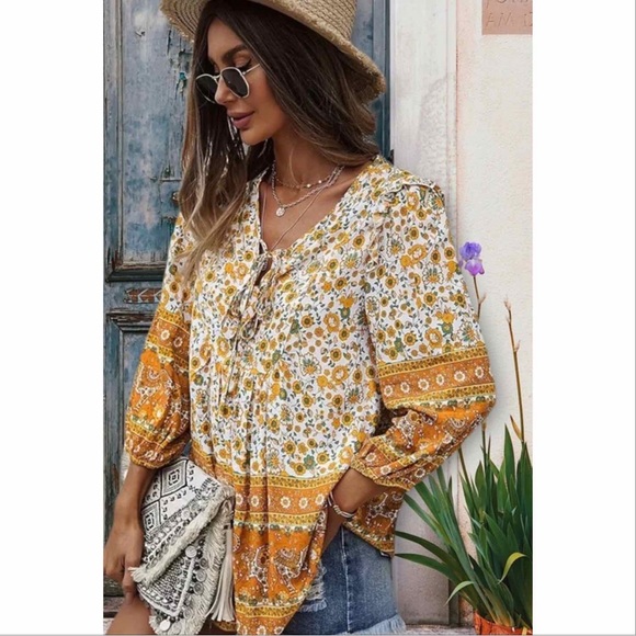 NWT Casual Boho V Neck Top Loose Floral Print Long Sleeve Beach Shirt El… - Picture 6 of 9